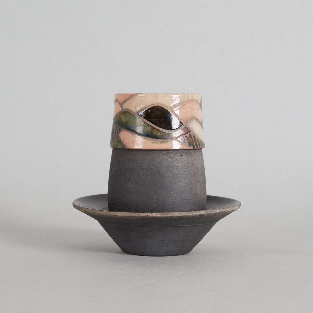 Abstract Raku Vase And Bowl Pairing By Lynda Harris New Zealand