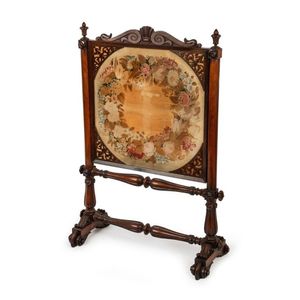 English Carved Walnut Fire Screen With Original Floral Tapestry Panel