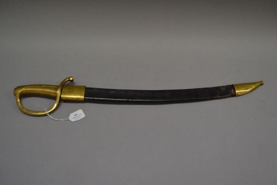 19th Century French Short Sword With Brass Hilt And Scabbard Edged