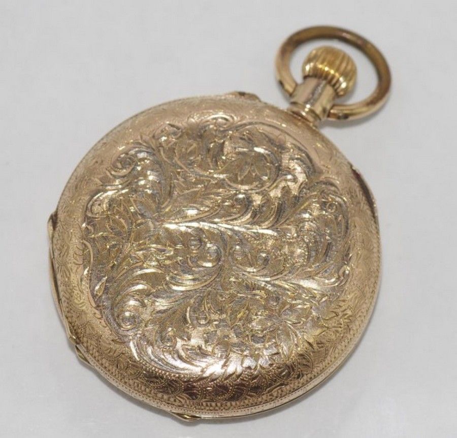 Engraved 9K Gold Ladies Pocket Watch with White Dial - Watches - Pocket ...