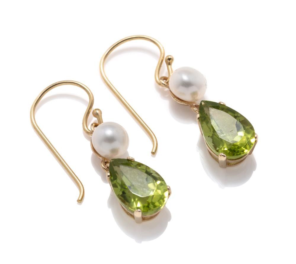 9ct Gold Peridot & Pearl Earrings with Shepherds Hooks Earrings