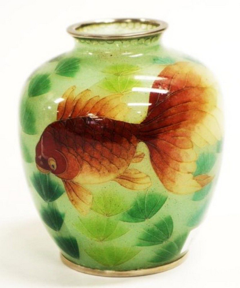 Japanese Goldfish Glass Vase with Cracked Silver Base Zother Oriental