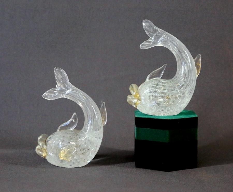 Pair Murano Glass Dolphin Figures Height 14 Cm Each Venetian