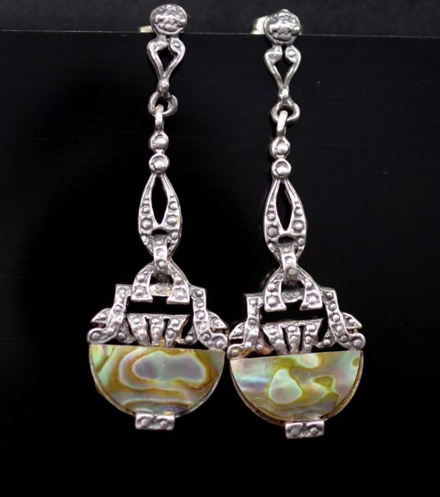Silver Paua Shell Drop Earrings - Deco Style (50mm) - Earrings - Jewellery