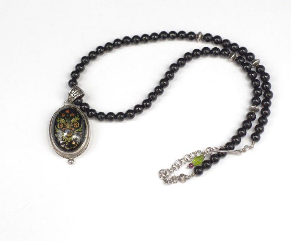 Vintage Onyx and Silver Pendant Necklace with Floral Overlay - Pendants ...