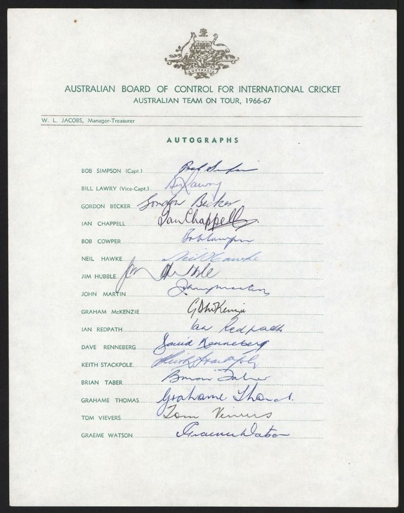 1966-67 Australian Test Team Tour Official Signed Team Sheet - Sporting ...