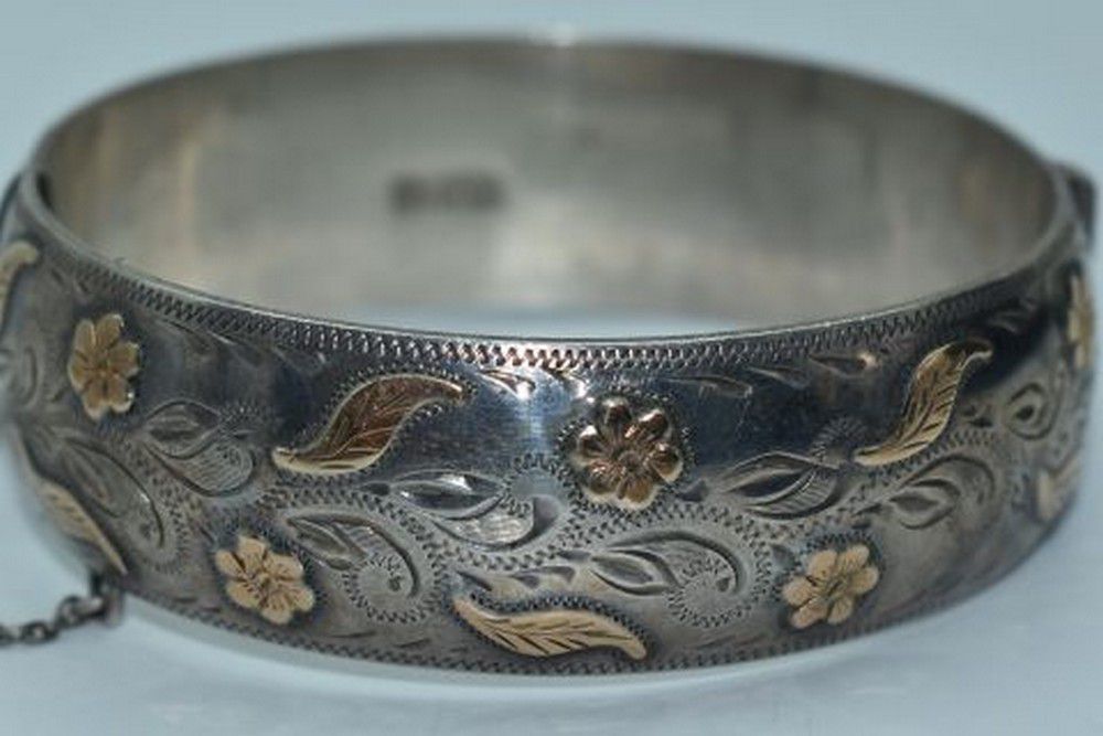 Floral Scandia Silver & Gold Hinged Bangle - Bracelets/Bangles - Jewellery