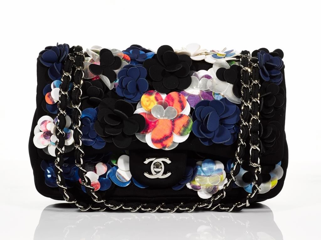 Chanel Neoprene Flap Bag Embroidered with Navy Blue Camellias