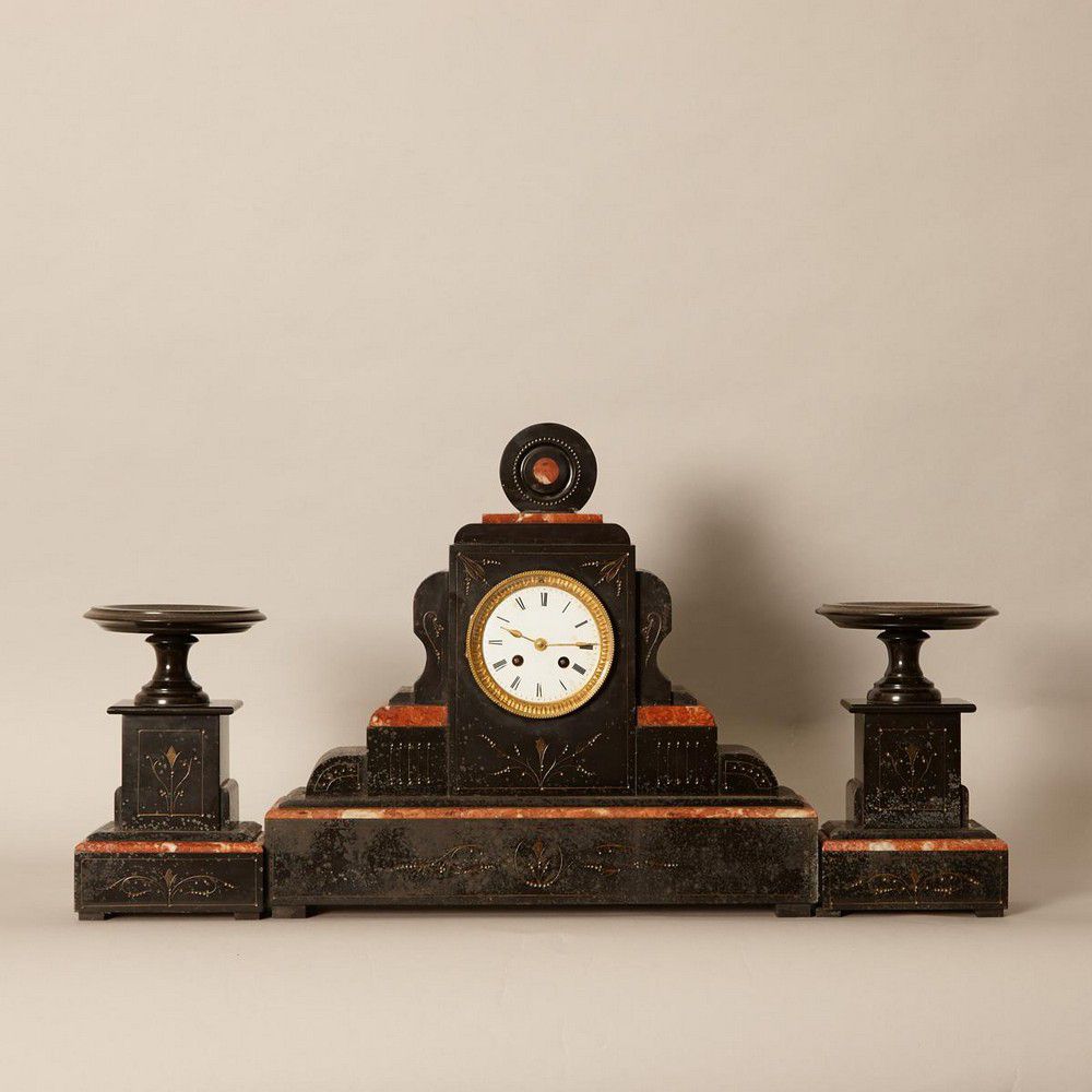 Black Slate Mantel Clock with Garnitures Clocks Zother Horology