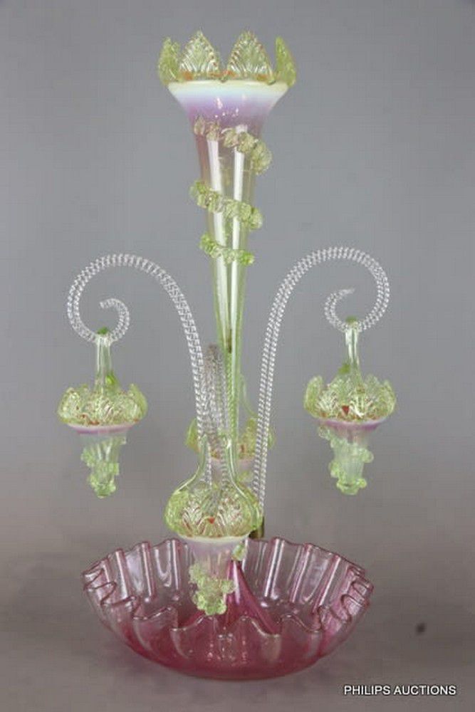 Victorian Cranberry And Vaseline Glass Epergne British Victorian Glass