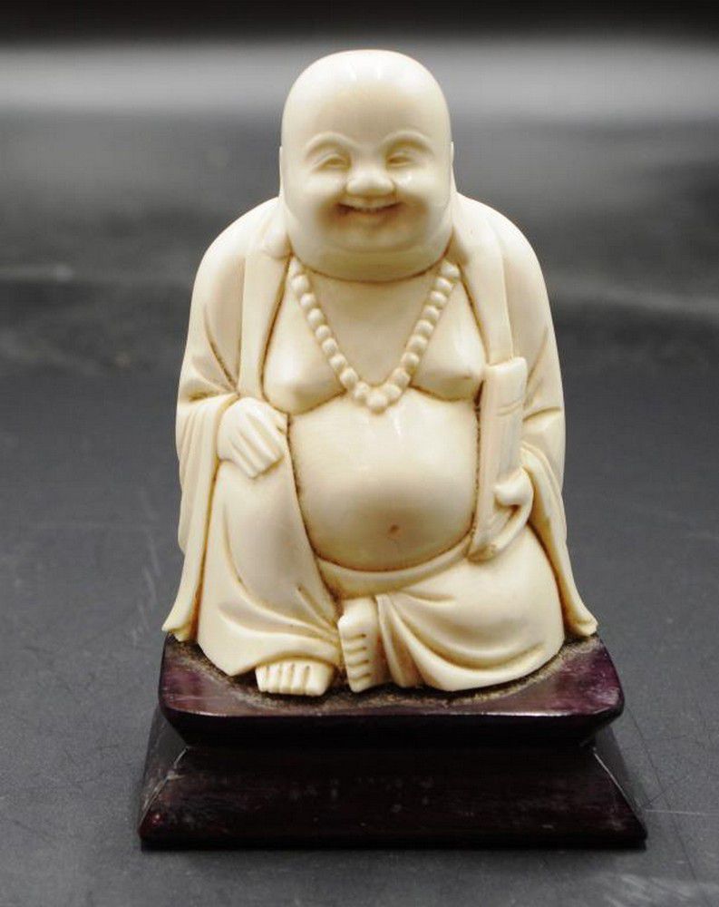 Ivory Laughing Buddha on Wood Stand - 11cm - Zother - Oriental