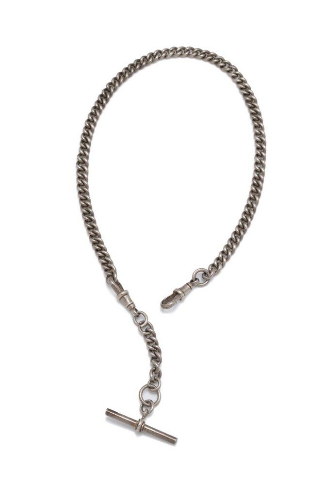An antique silver Albert chain, 5.7 mm wide curb links attached ...