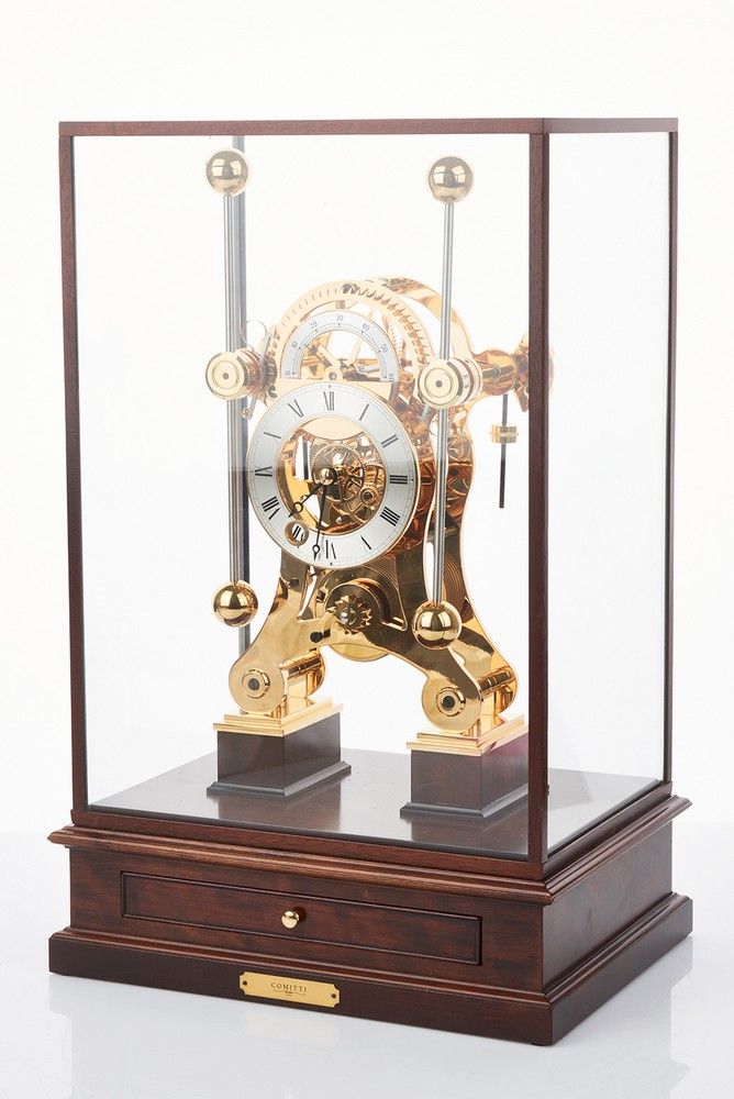 Comitti Navigator Brass Skeleton Clock with Glazed Wooden Case - Clocks ...