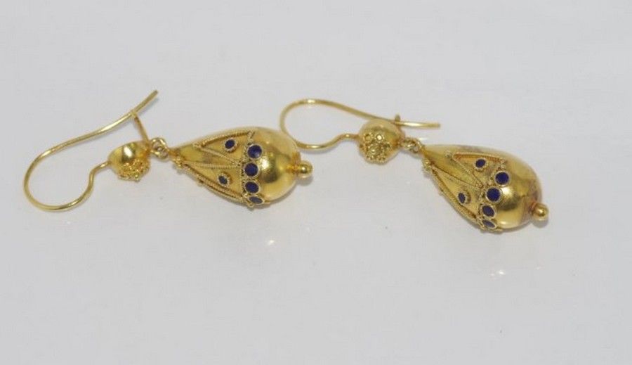 Etruscan Blue Enamel Drop Earrings, 4.7g, 4.5cm Drop - Earrings - Jewellery