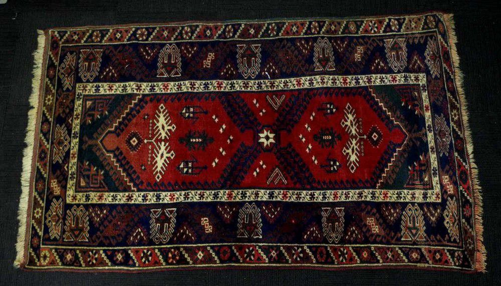 Red, Navy and Brown Middle Eastern Wool Rug Rugs & Carpets Textiles