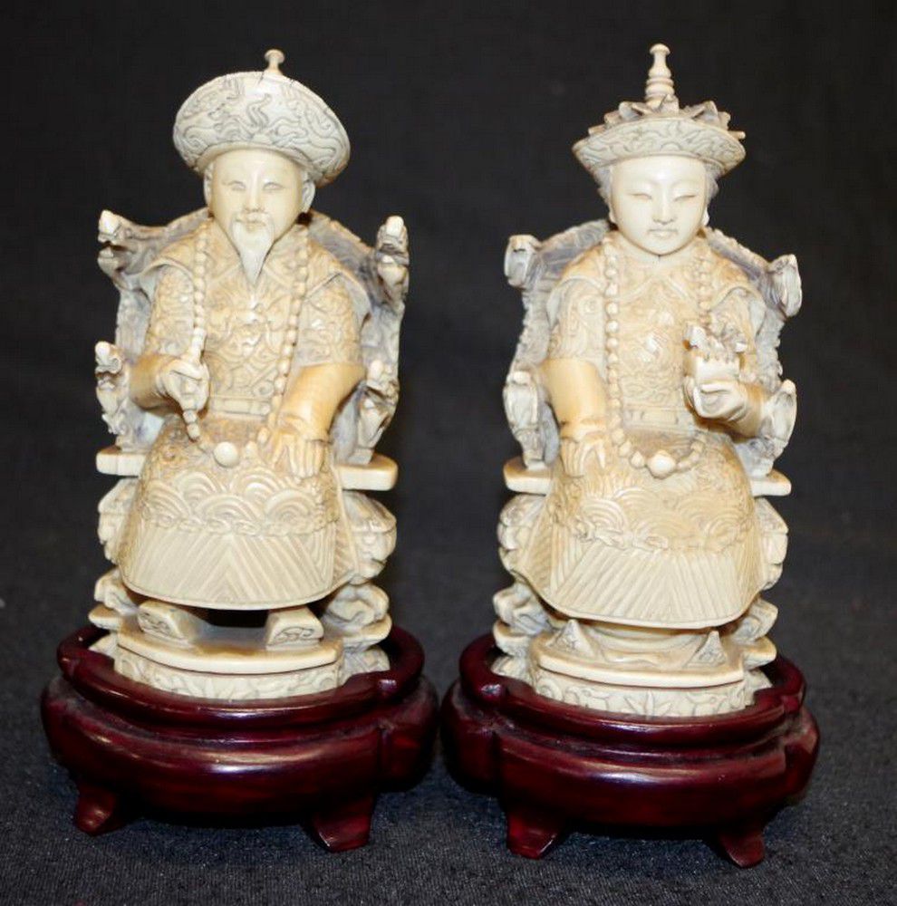 Carved Ivory Emperor & Empress Figures on Wooden Bases - Ivory - Oriental