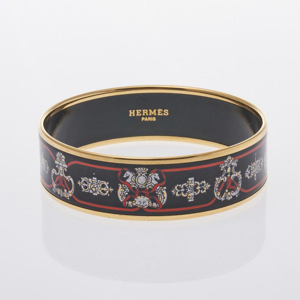 Hermes Enamel Bangle with Red, White and Gold Pattern - Bracelets ...
