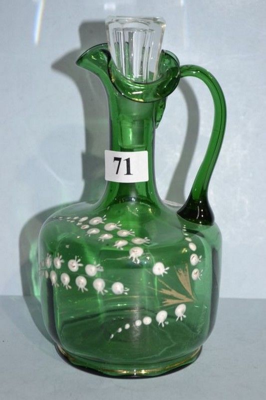Enamelled Green Glass Claret Jug With Stopper British Victorian Glass