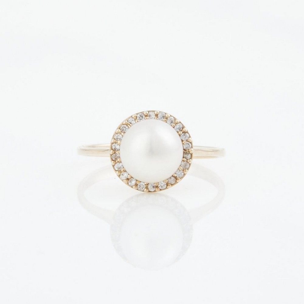 14ct Yellow Gold Pearl Ring with Clear Stone Accents - Rings - Jewellery