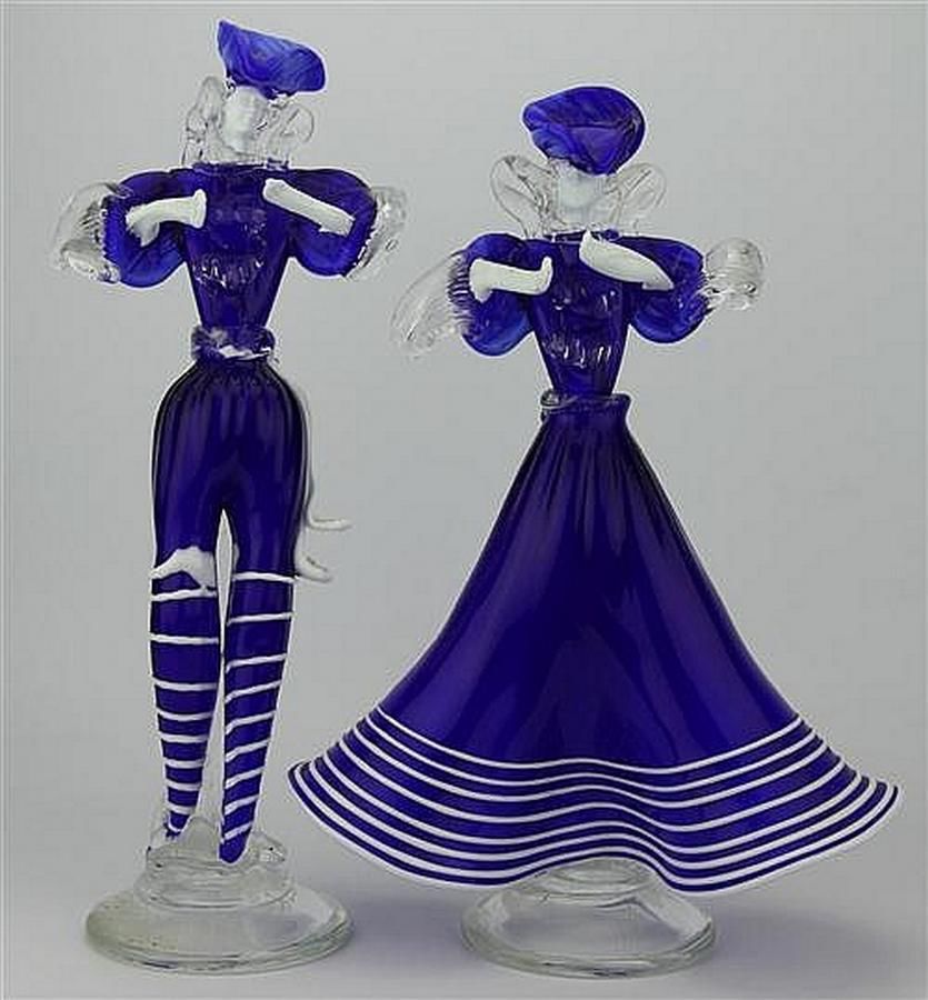 Murano glass pair of Carnival Dancers in blue & white…