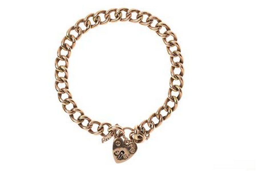 9ct Gold Padlock Bracelet with Heart Clasp and Chain - Bracelets ...