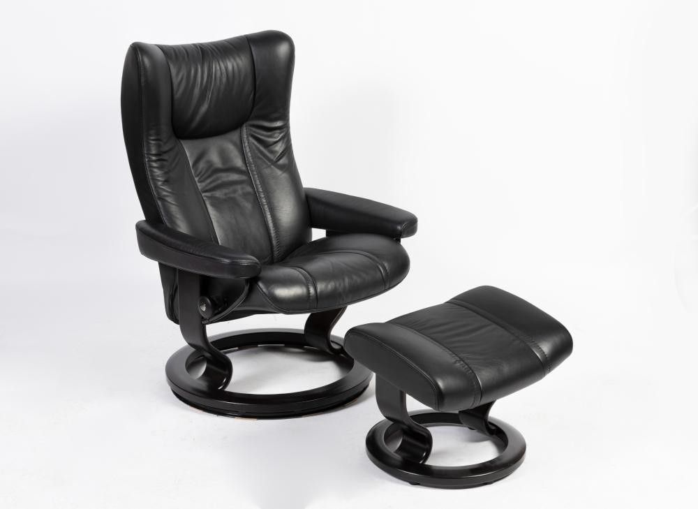 Norwegian 'Stressless' Recliner and Ottoman in Black Leather