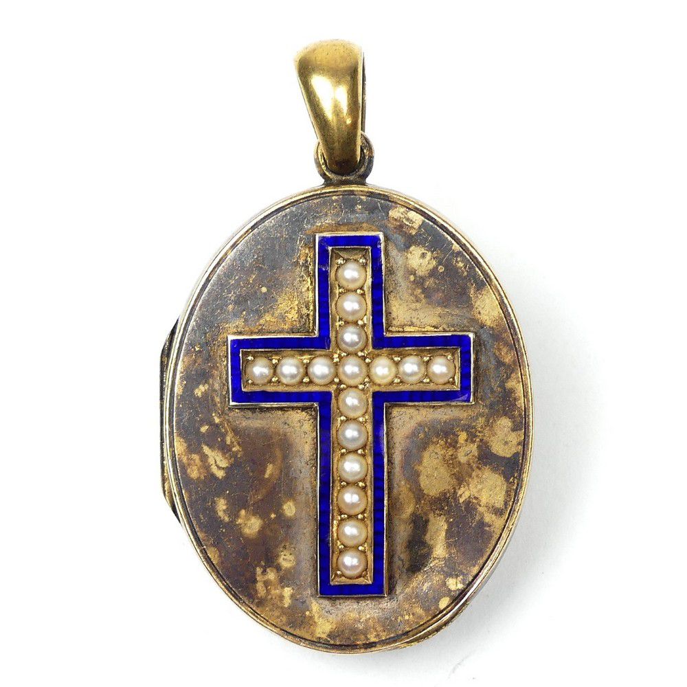 Victorian Gold Mourning Locket with Blue Enamel Cross - Pendants ...
