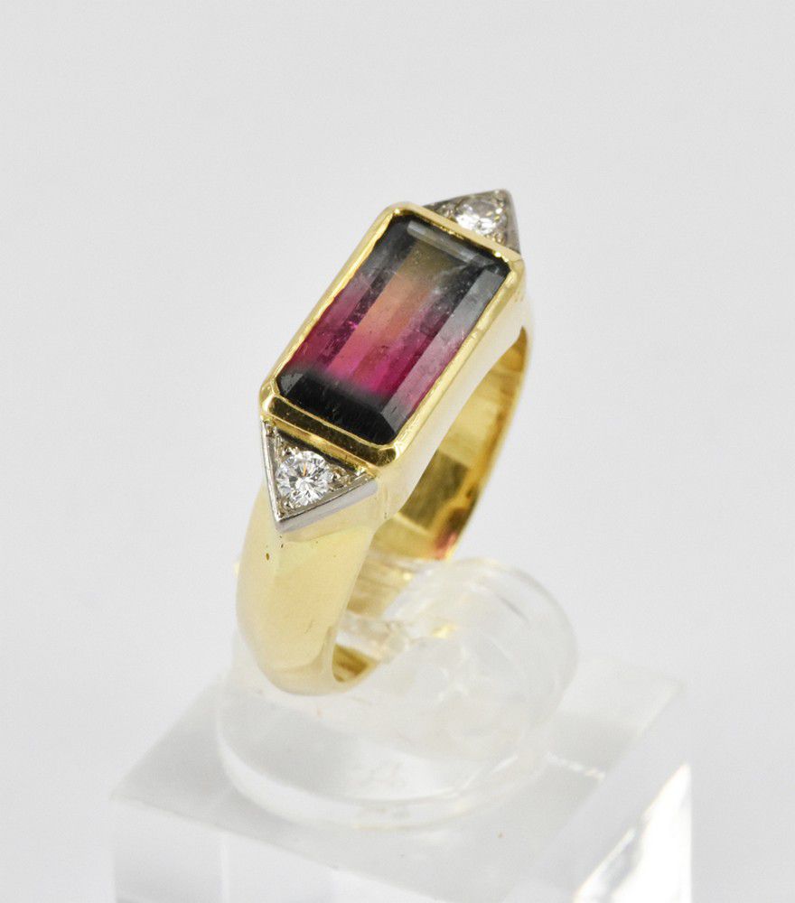 Watermelon Tourmaline and Diamond Ring in 18ct Gold - Rings - Jewellery