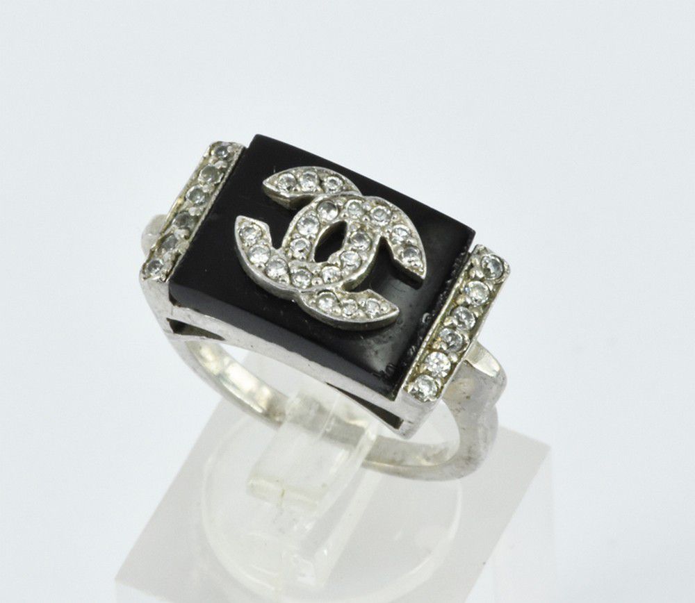 Chanel Onyx Crystal Sterling Silver Ring, Circa 1940 - Rings