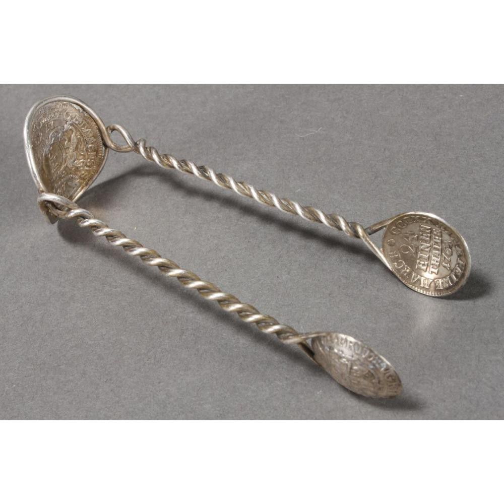 Twisthandled silver sugar tongs with antique coin embellishments Flatware/Cutlery and