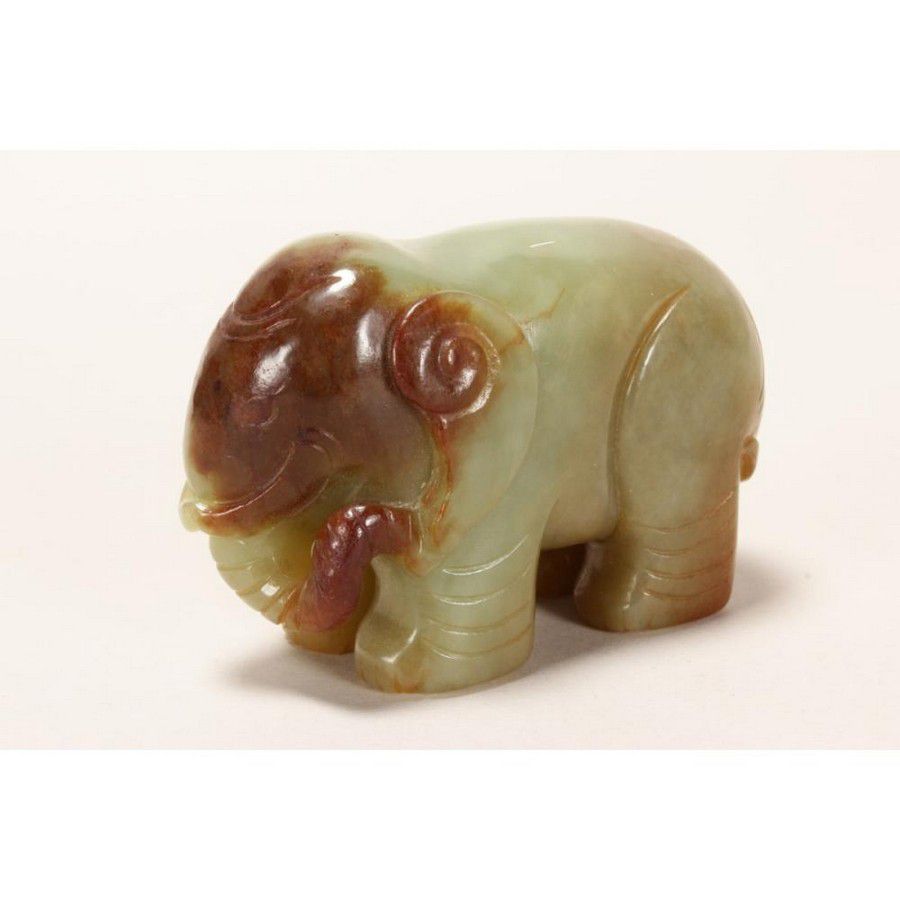 Green and Brown Jade Elephant Carving - Jade - Oriental