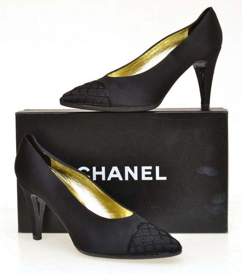 Chanel Black Satin Beaded Shoes, Size 38 with Box - Footwear - Costume ...