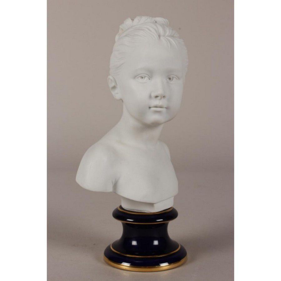 Houdon Bisque Bust of Young Girl on Cobalt Stand - Sevres/Style - Ceramics