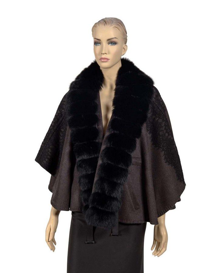 Guy Laroche Cashmere Cape with Fur Trim and Lace Detail - Clothing ...