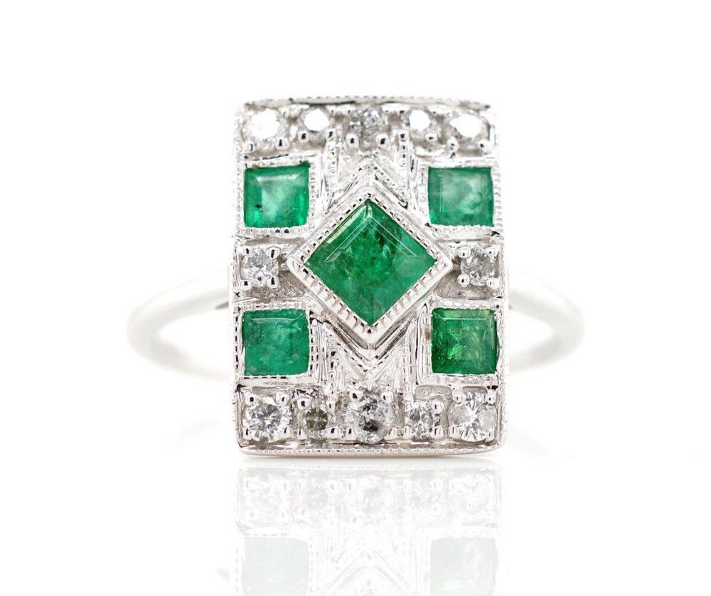 Emerald and Diamond Checkerboard Ring in 18ct White Gold - Rings ...