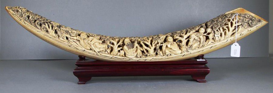 Chinese Ivory Tusk with Seated Characters and Trees - Ivory - Oriental