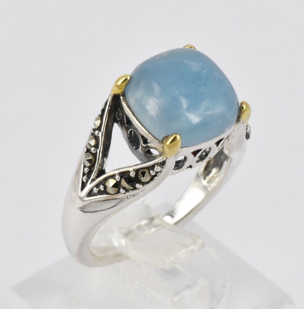 Aquamarine and Marcasite Sterling Silver Ring - Rings - Jewellery