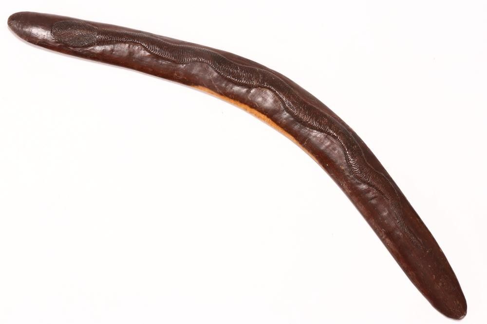 Snake Bumerang Aboriginal Carved Mulga Wood Boomerang with Snake Design - Aboriginal ...