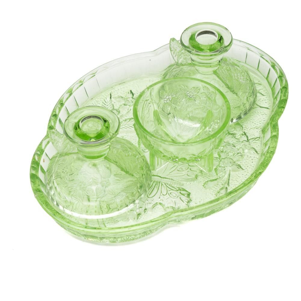 Depression Stick Vintage Depression Glass Suite with Candlesticks and Sugar Bowl ...