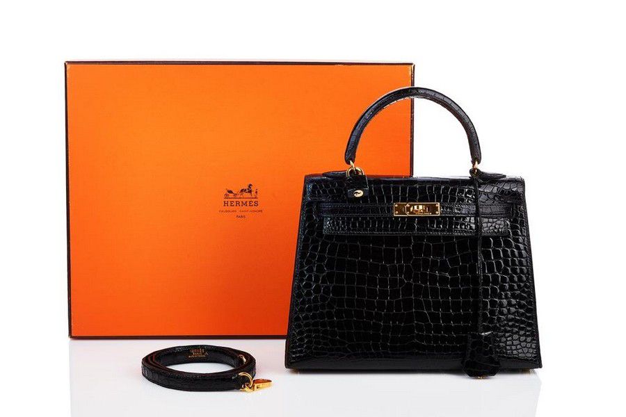 Black Croc Hermes Mini Kelly Bag with Gold Hardware - Handbags