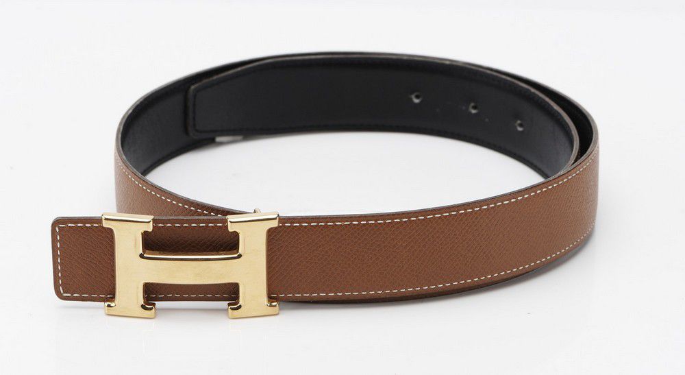 Tan Leather H Belt with Gold Buckle by Hermes - Belts - Costume ...