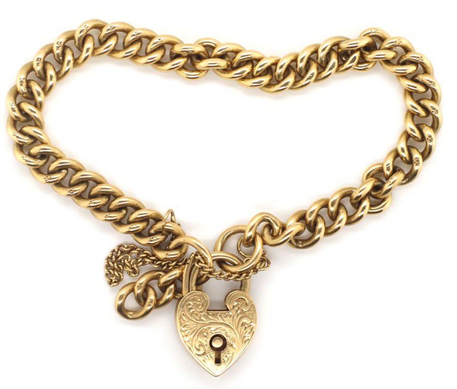 9ct Gold Heart Padlock Bracelet - 26g, 16cm Length - Bracelets/Bangles ...
