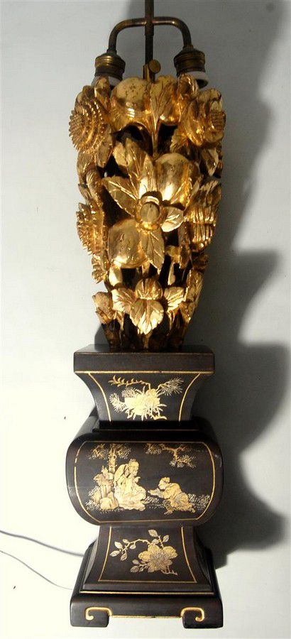 A Chinese Vase Shaped Lamp Base With Carved Giltwood Republic… Ceramics Chinese Oriental