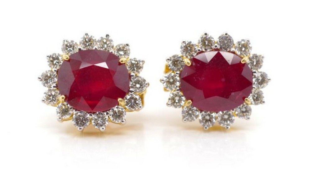 Lead Glass Ruby And Diamond Earrings In 18ct Gold Earrings Jewellery