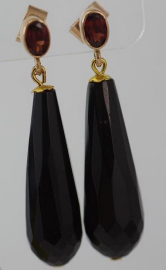 Onyx and Garnet Drop Earrings in 9ct Gold - Earrings - Jewellery