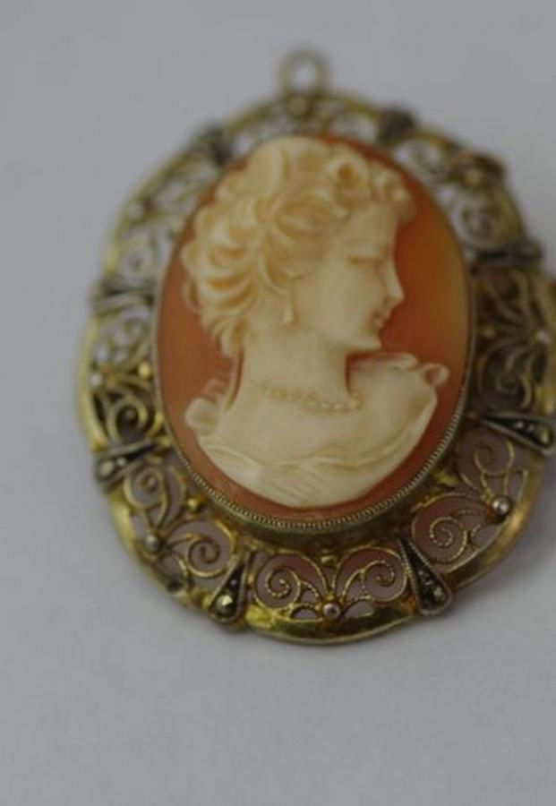 Carved Vintage Cameo Brooch with Plated Surround - Brooches - Jewellery