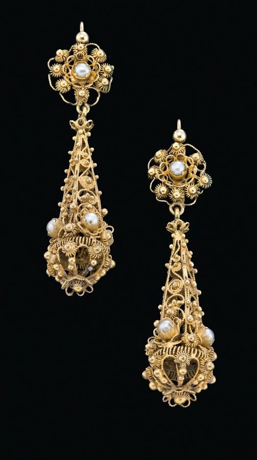 A pair of Georgian gold and pearl cannetille earrings, circa ...
