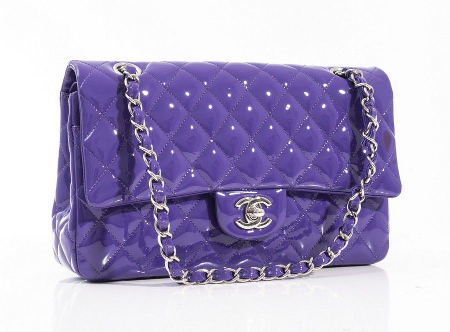 Purple Patent Leather Chanel Flap Bag with Silver Hardware