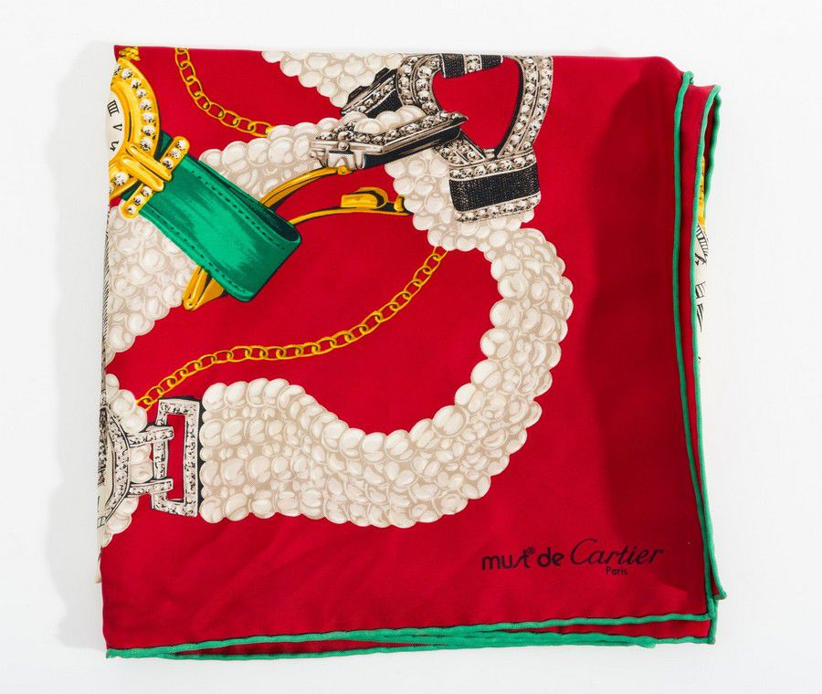 Cartier Red Silk Scarf with Jewelry Motif - Shawls, Scarfs & Collars