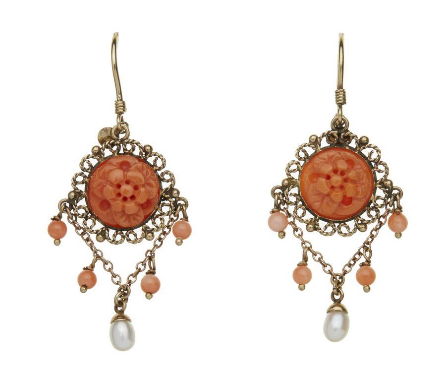 Coral and Pearl Drop Earrings in 9ct Gold - Earrings - Jewellery